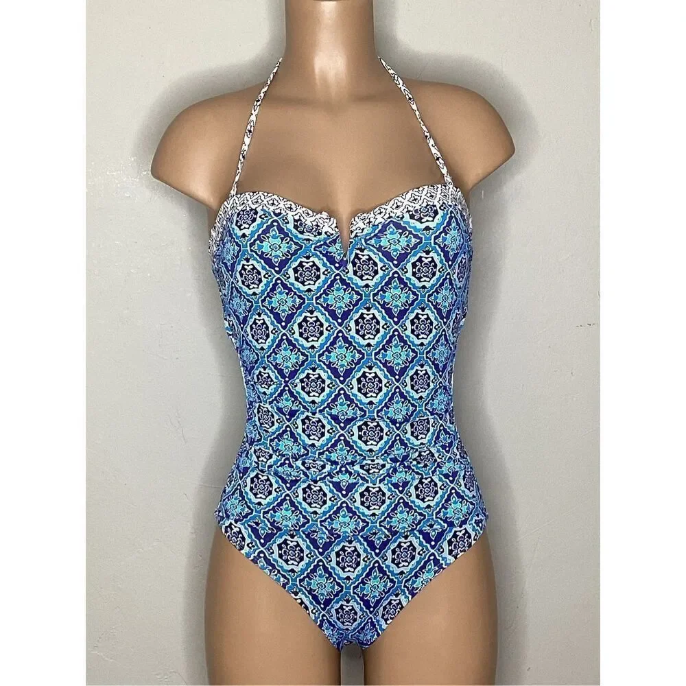 New. Tommy Bahama V-Wire blue tile swimsuit. Size 4. Retails $148